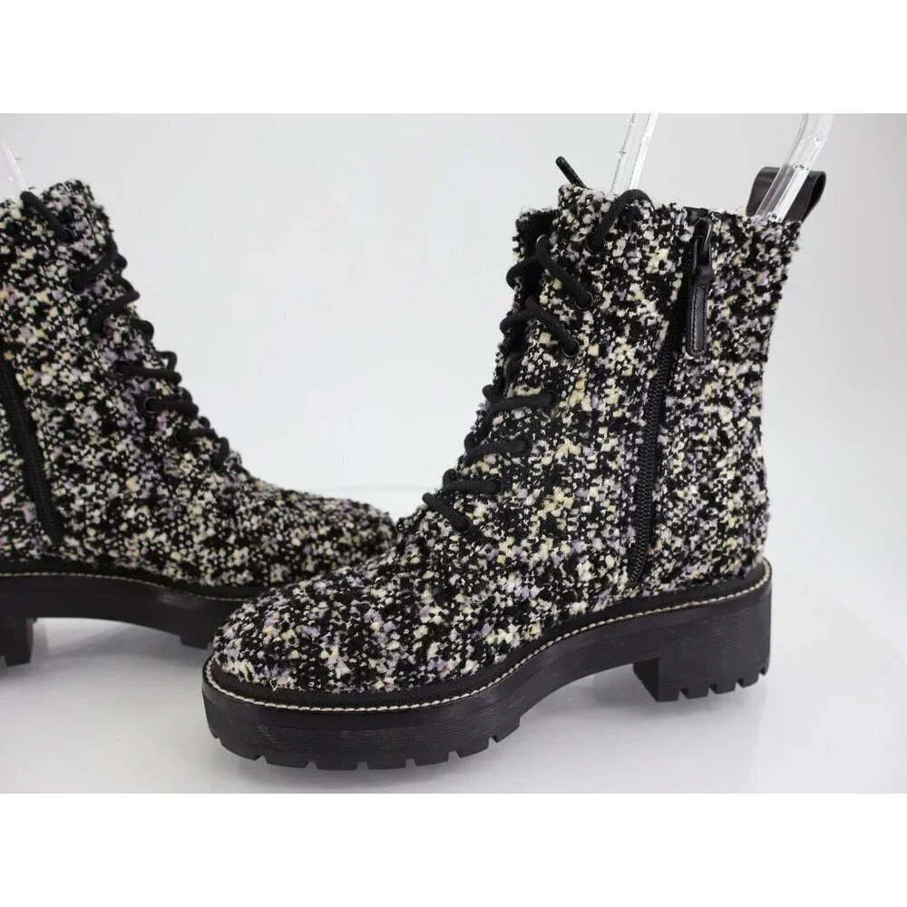 Tory Burch Miller Lug Sole Tweed & Leather Bootie Size 5 Black Women Combat Boot